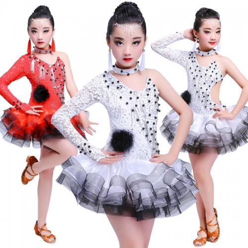 Latin dresses  for girls kids children white red diamond competition latin dresses outfits